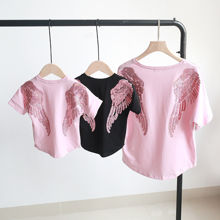 Family Matching Angel Wings Sequin Embroidery Adult Kids Shirt Tops