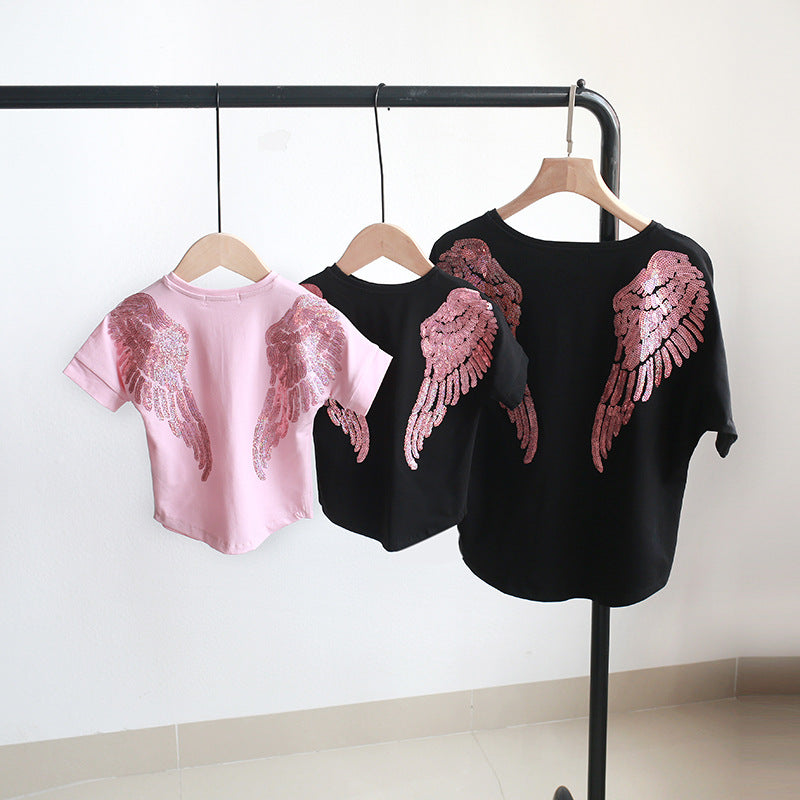 Family Matching Angel Wings Sequin Embroidery Adult Kids Shirt Tops