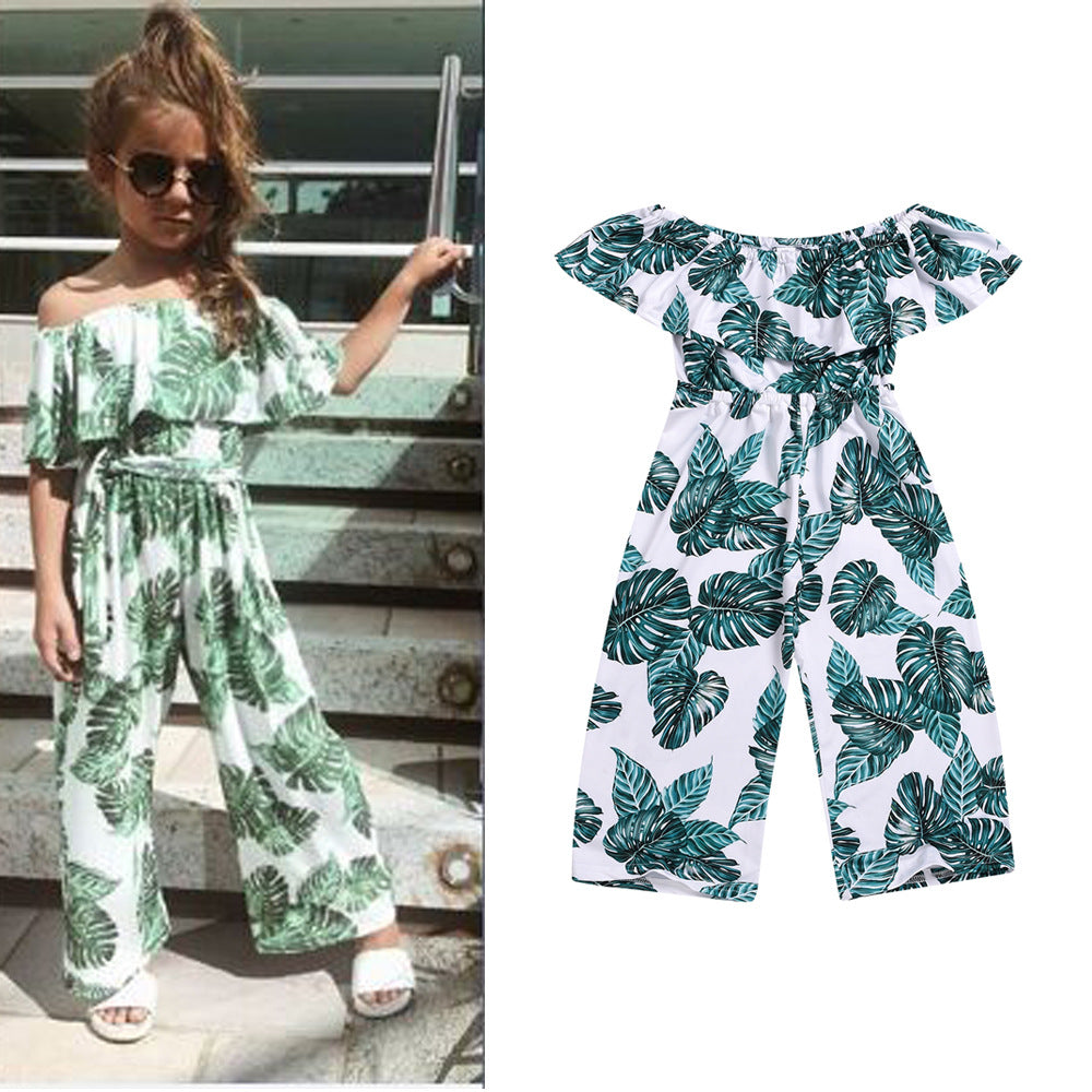 Kid Girls One-shoulder Jumpsuit Leaf Printed Summer Rompers