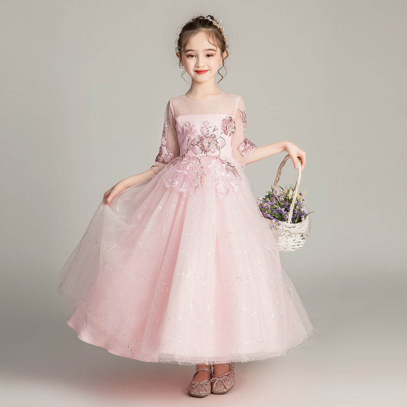 Sequins Flower Girls Floral Host Celebration Party Princess Dresses