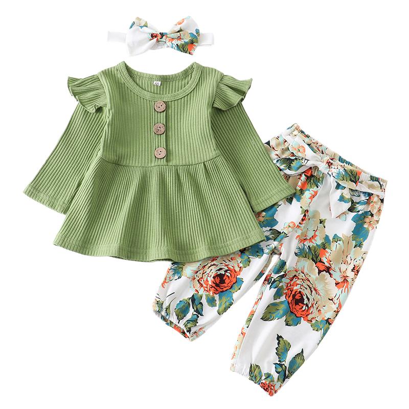 Baby Girl Solid Knitting Ruffle Long Sleeve Floral 3 Pcs Set