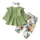 Baby Girl Solid Knitting Ruffle Long Sleeve Floral 3 Pcs Set