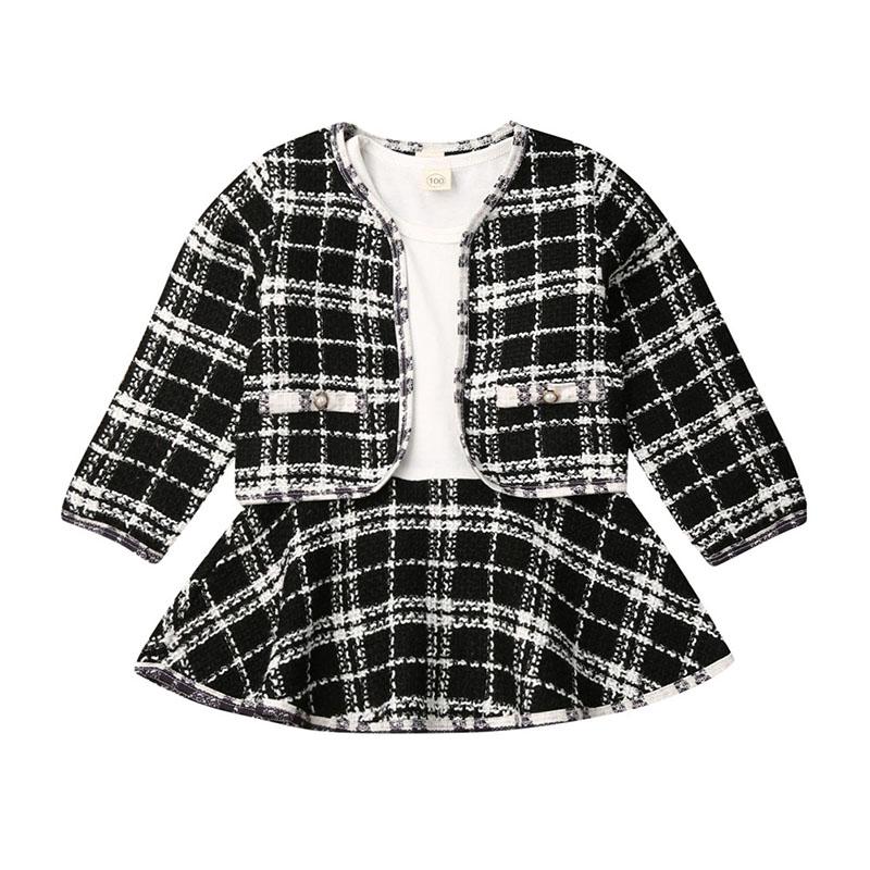 Toddler Baby Girl Long Sleeve Plaid Stitching Dress Set 2 Pcs