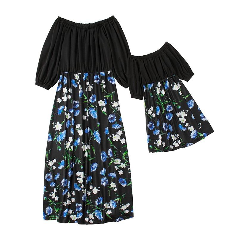 Family Matching Mommy and Me Off Shoulder Long-Sleeved Stitching Floral Dress