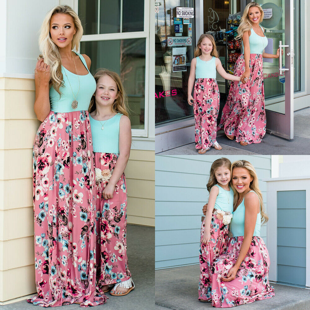 Family Matching Mother Daughter Dress Vest Printed  Long Summer Dress