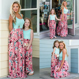 Family Matching Mother Daughter Dress Vest Printed  Long Summer Dress