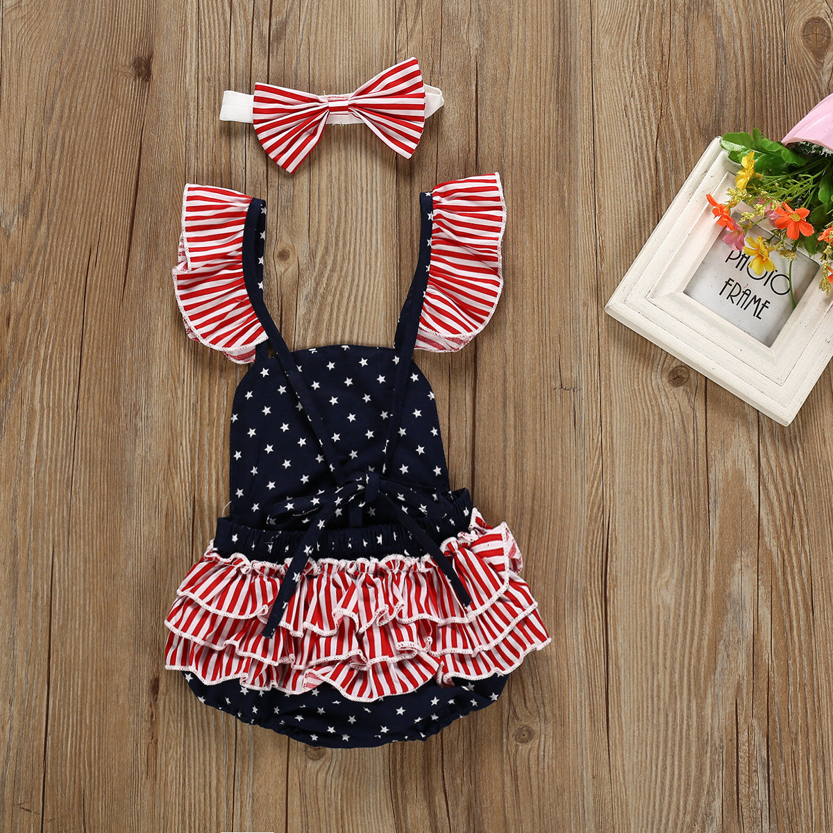 Baby Girl Star Print Strap Halter Independence Day Romper