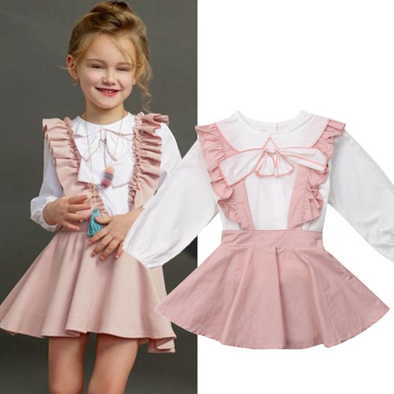Kids Girl Bow-knot Long Sleeve Pink Outfit 2PCS