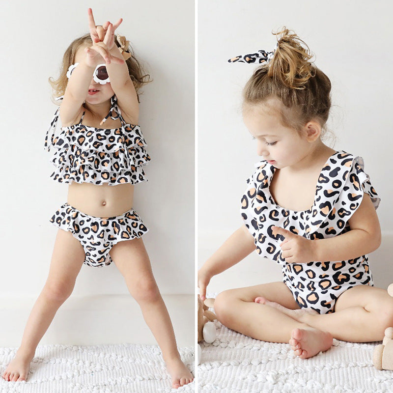 Kid Baby Girls Swimsuit Leopard Print Scarf 2 Pcs Sets