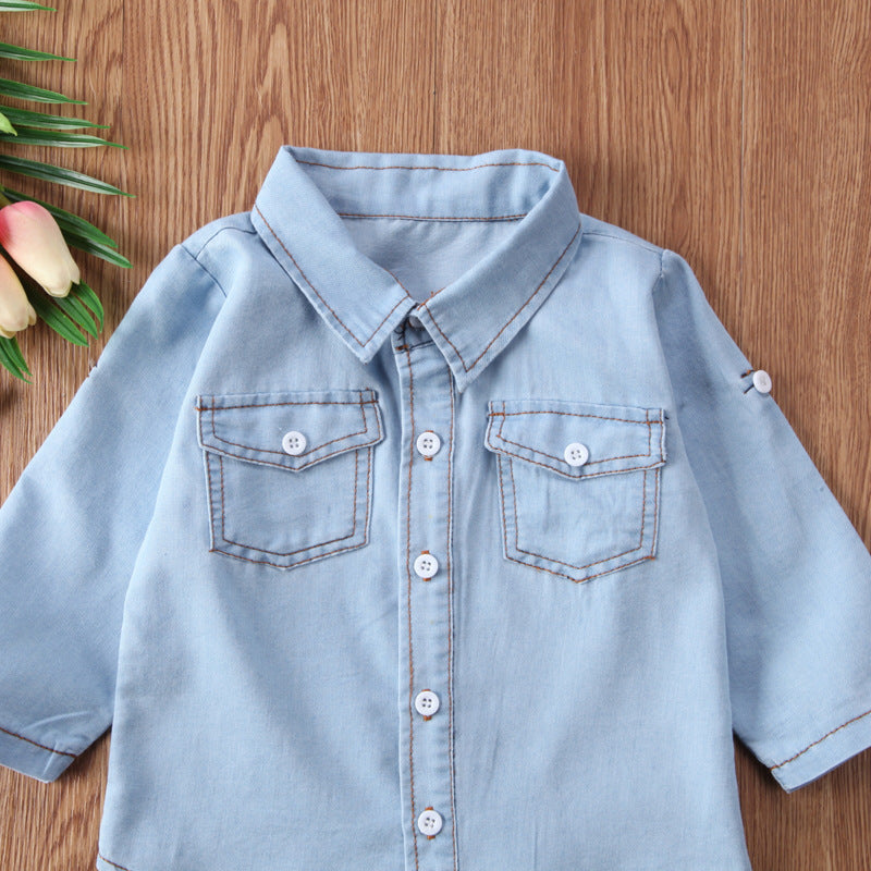 Kid Baby Girl Boy Long Sleeve Lapels Denim Shirt Blouses
