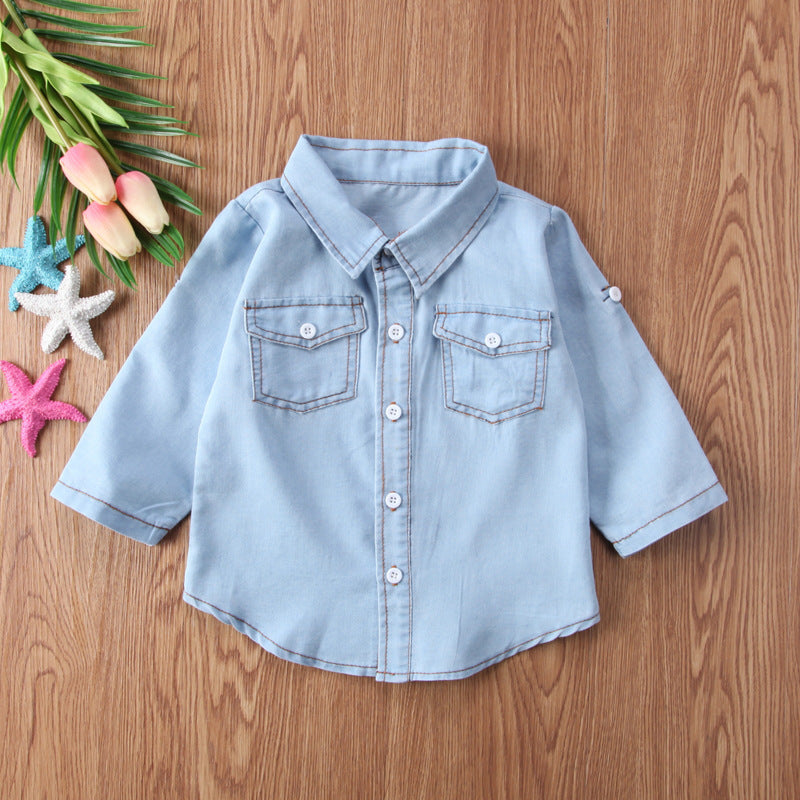 Kid Baby Girl Boy Long Sleeve Lapels Denim Shirt Blouses