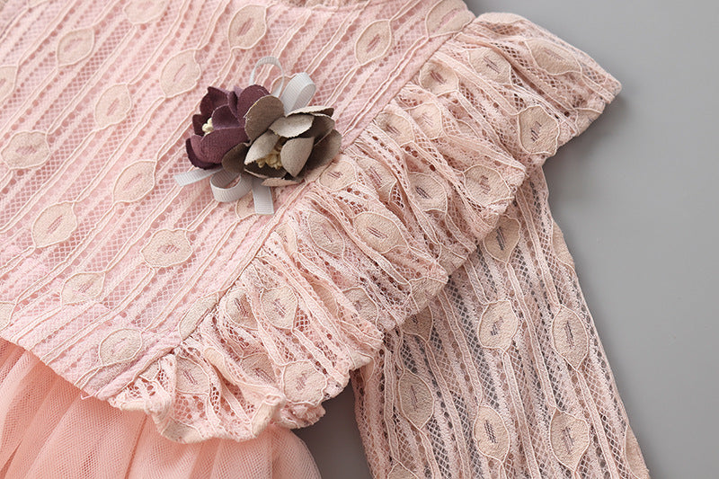 Kid Baby Girl Lace Fluffy Gauze Long Sleeve Flower Casual Dresses