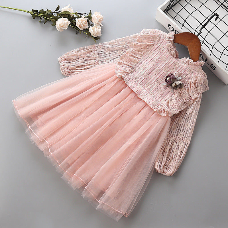 Kid Baby Girl Lace Fluffy Gauze Long Sleeve Flower Casual Dresses