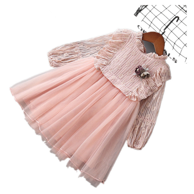 Kid Baby Girl Lace Fluffy Gauze Long Sleeve Flower Casual Dresses