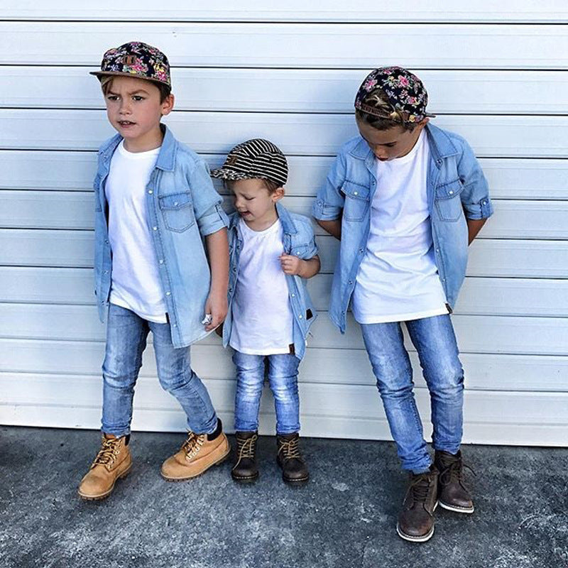 Kid Baby Girl Boy Long Sleeve Lapels Denim Shirt Blouses