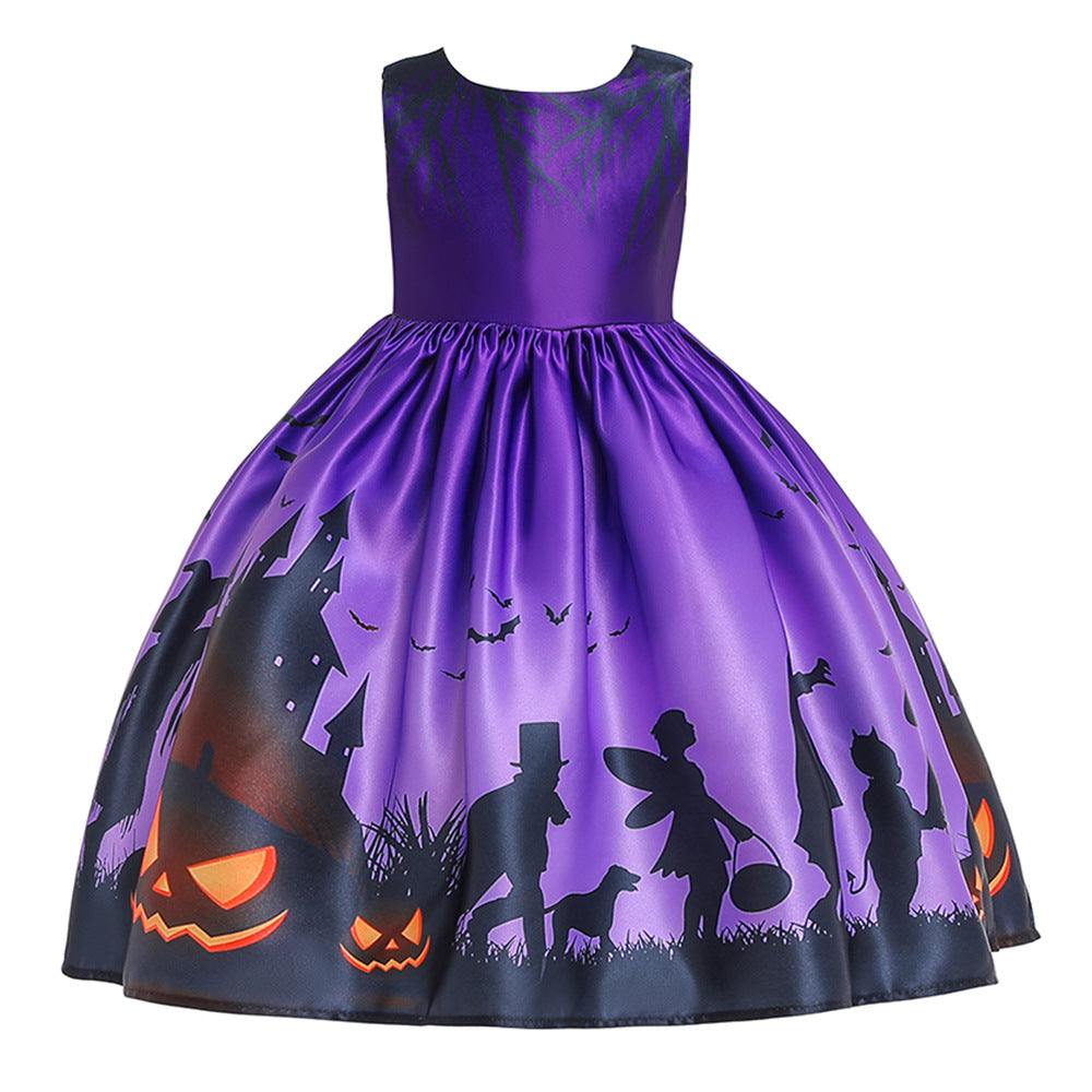 2-12T Kid Baby Girl Pumpkin Lantern Print Halloween Dress