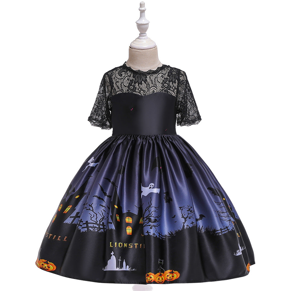 2-12T Kid Baby Girl Pumpkin Lantern Print Halloween Dress