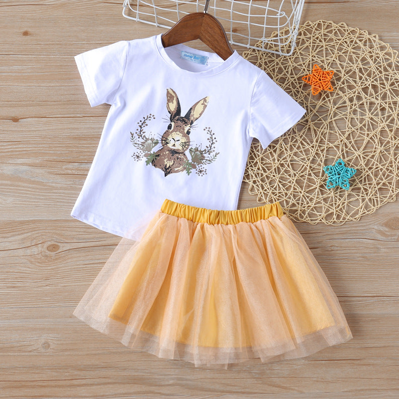 Kid Baby Girls Cartoon Short Sleeves Gauze Rabbit Suits 2 Pcs Sets