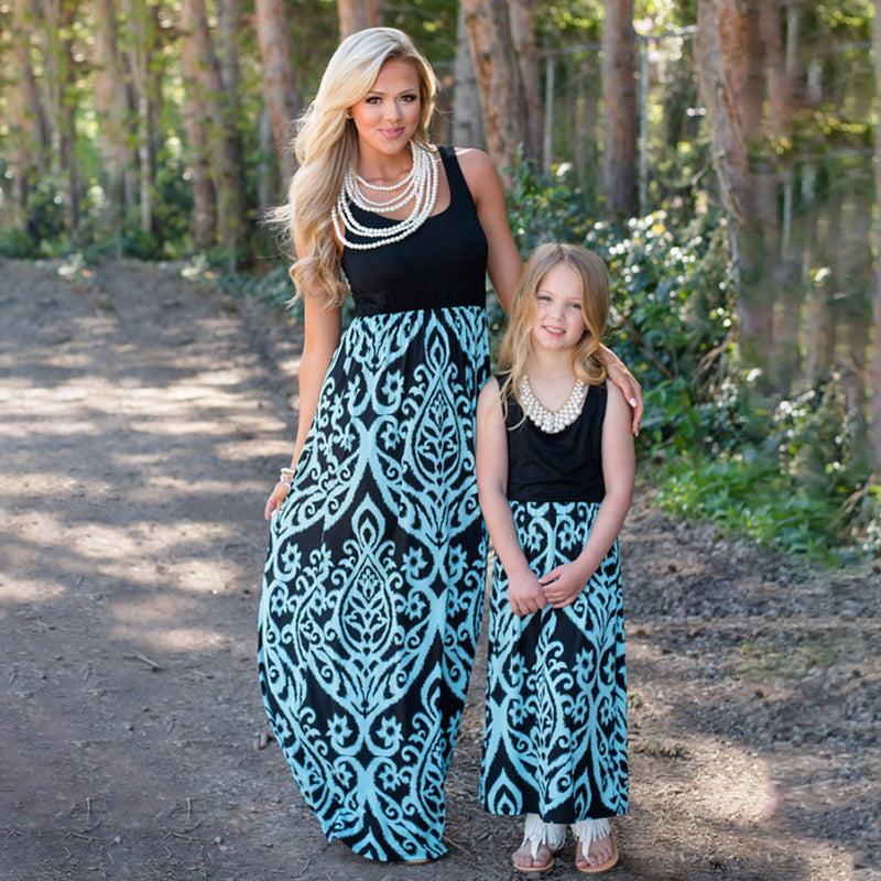 Family Matching Mother Daughter Printed Short Sleeve Dresses
