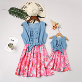 Family Matching Parent-child Mosaic Short Flower Dresses