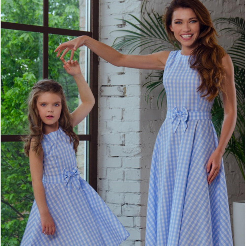Family Matching Parent-child New Bowknot Plaid Dresses