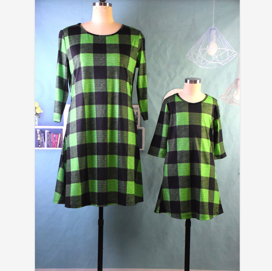 Family Matching Three-quarter Sleeves Chequered Parent-child Dress