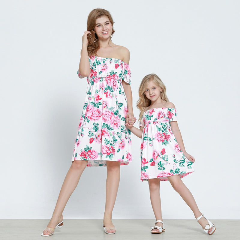 Family Matching Parent-child Mother-daughter One Shoulder Printed Dresses