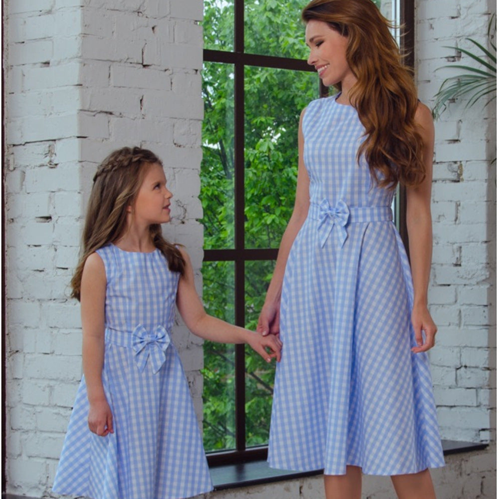 Family Matching Parent-child New Bowknot Plaid Dresses
