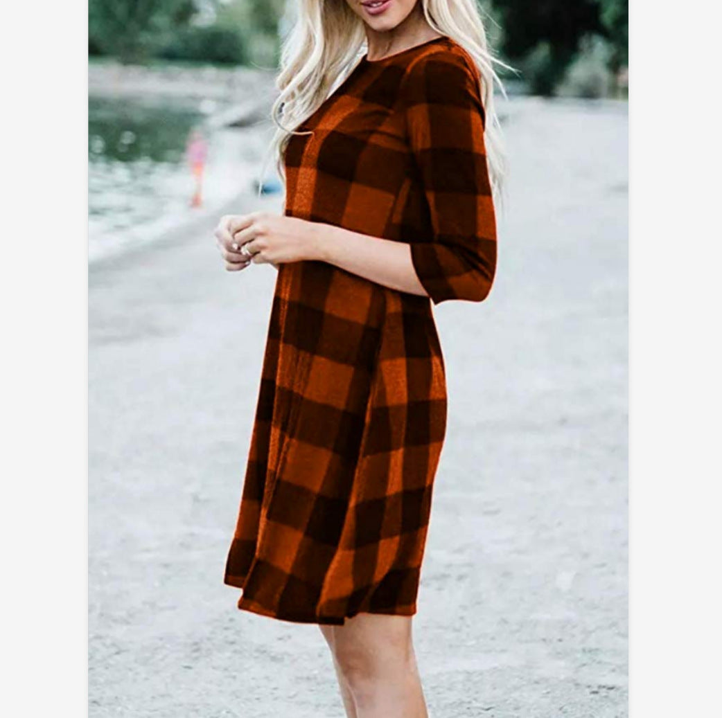 Family Matching Three-quarter Sleeves Chequered Parent-child Dress
