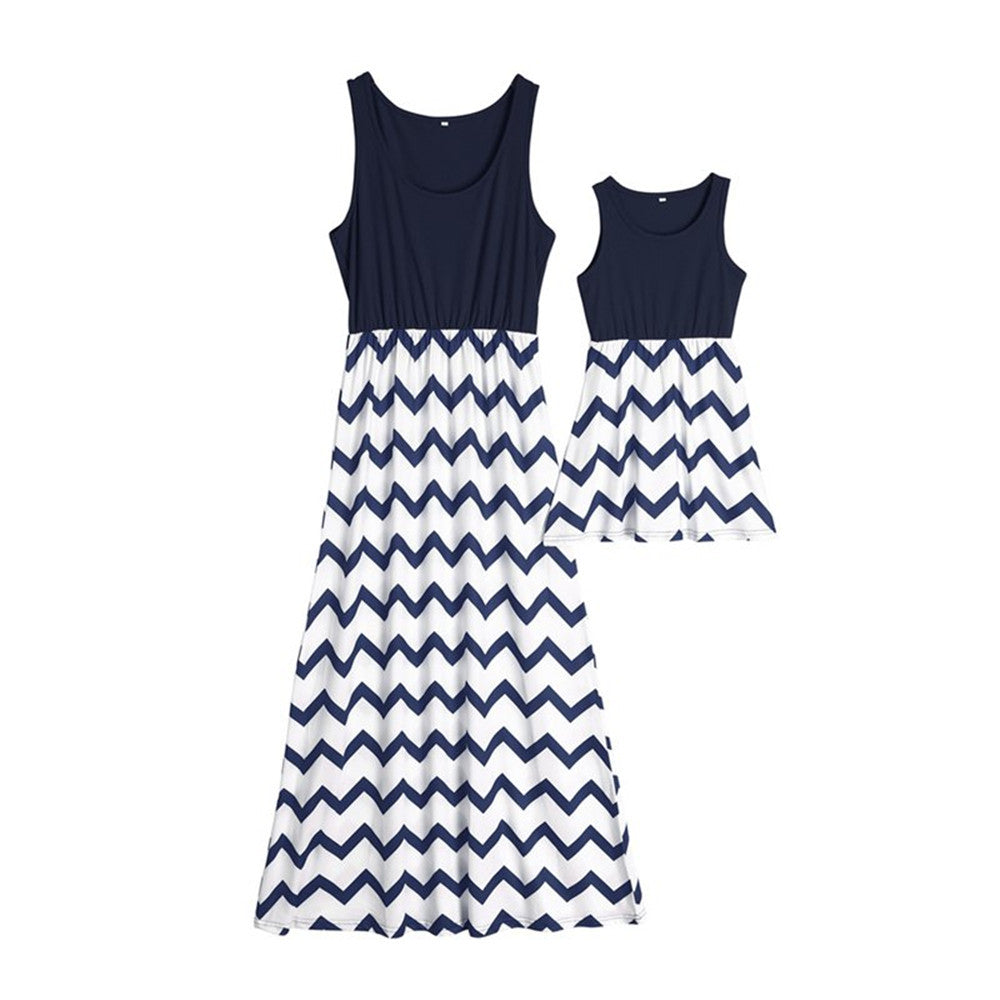 Family Matching Mother Daughter Wavy Stripe Stitching Parent-child Dresses