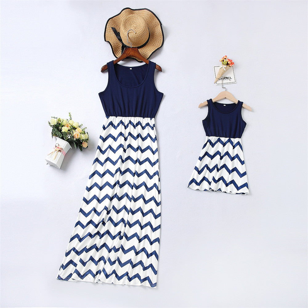 Family Matching Mother Daughter Wavy Stripe Stitching Parent-child Dresses