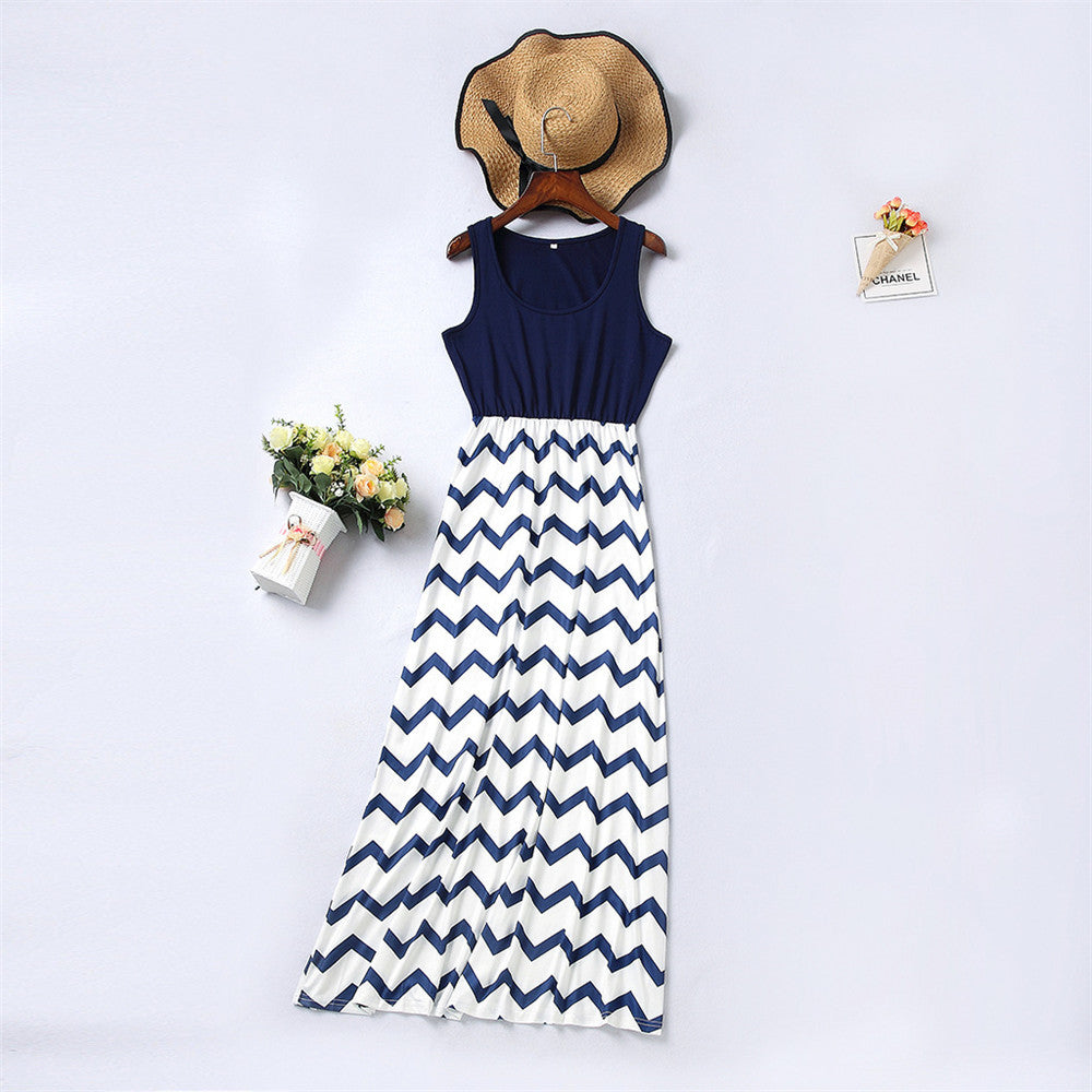 Family Matching Mother Daughter Wavy Stripe Stitching Parent-child Dresses