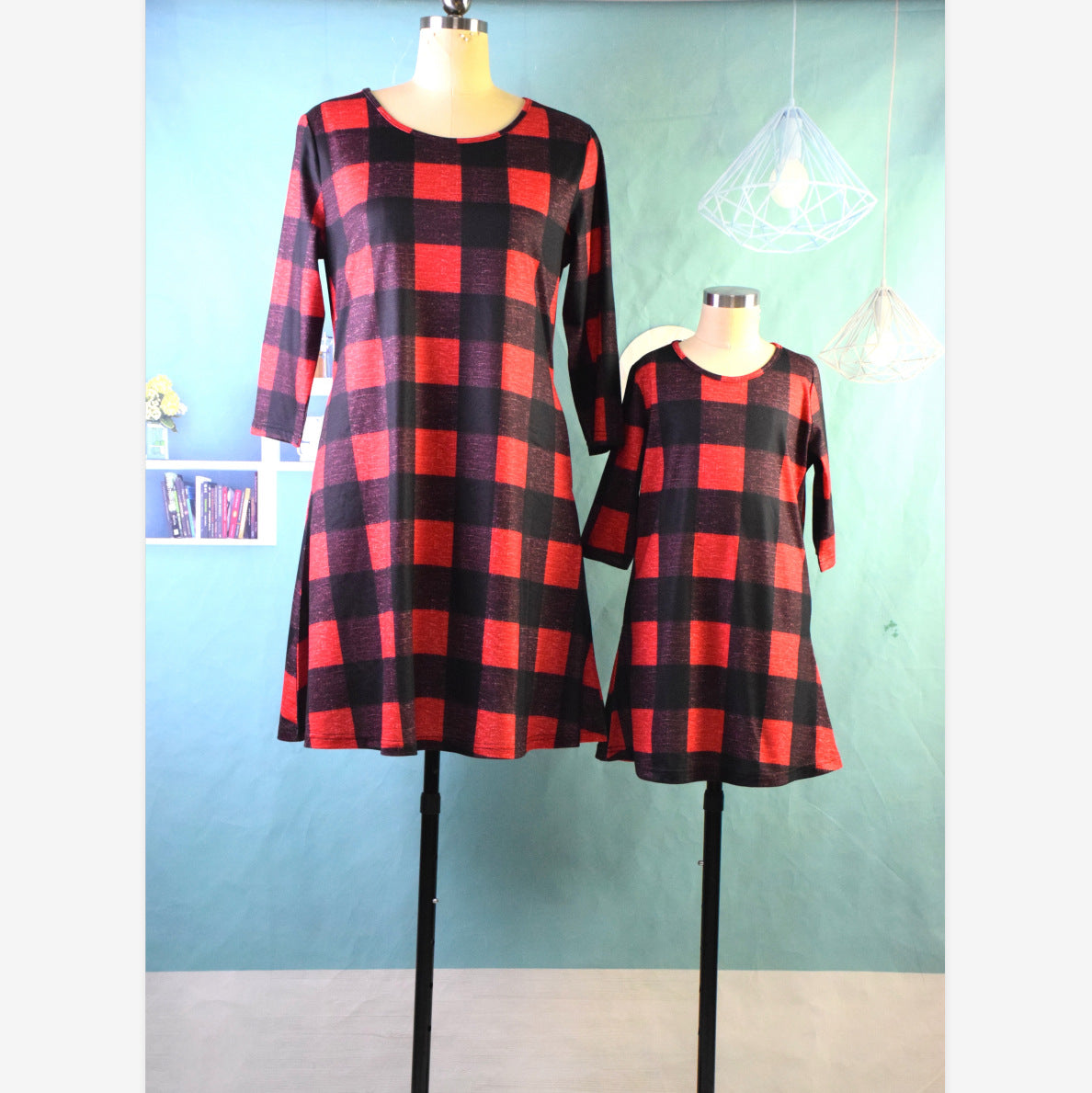Family Matching Three-quarter Sleeves Chequered Parent-child Dress