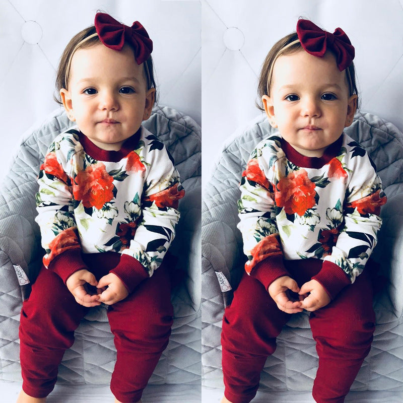 Baby Girls Flower Print Top Pleated Bow 3 Pcs Suit Outfits
