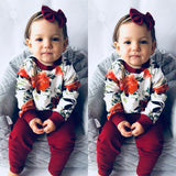 Baby Girls Flower Print Top Pleated Bow 3 Pcs Suit Outfits