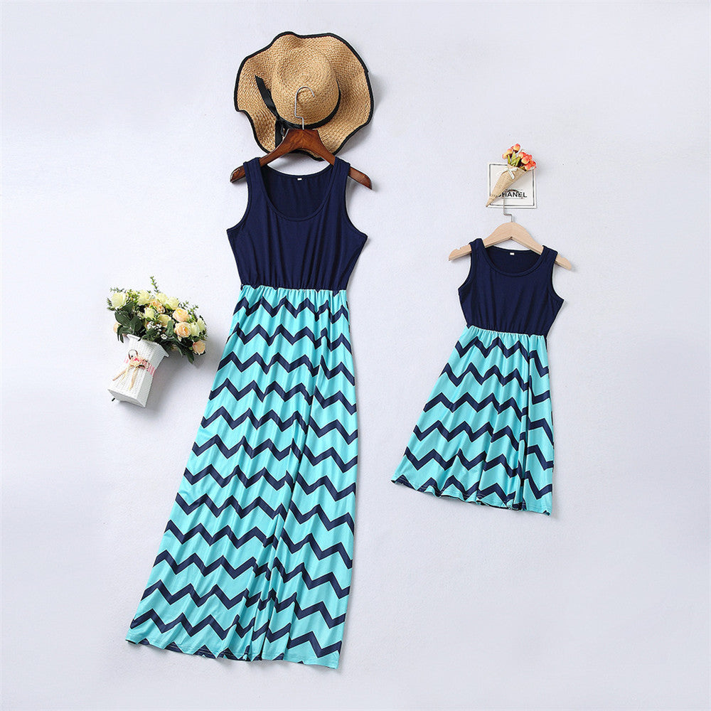 Family Matching Mother Daughter Wavy Stripe Stitching Parent-child Dresses