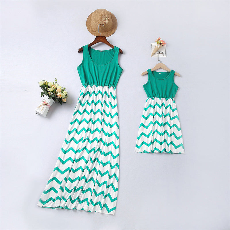 Family Matching Mother Daughter Wavy Stripe Stitching Parent-child Dresses