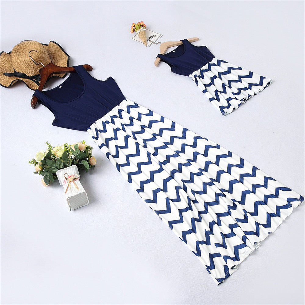 Family Matching Mother Daughter Wavy Stripe Stitching Parent-child Dresses
