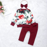 Baby Girls Flower Print Top Pleated Bow 3 Pcs Suit Outfits
