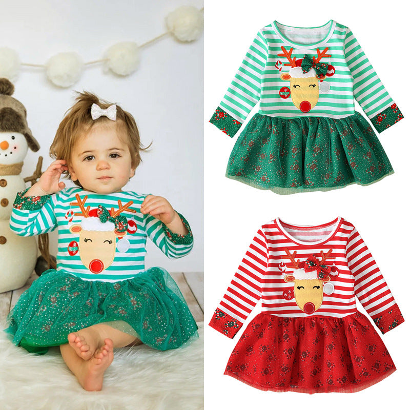 Kids Girl Spring Long Sleeve Striped Fashion Christmas Dresses