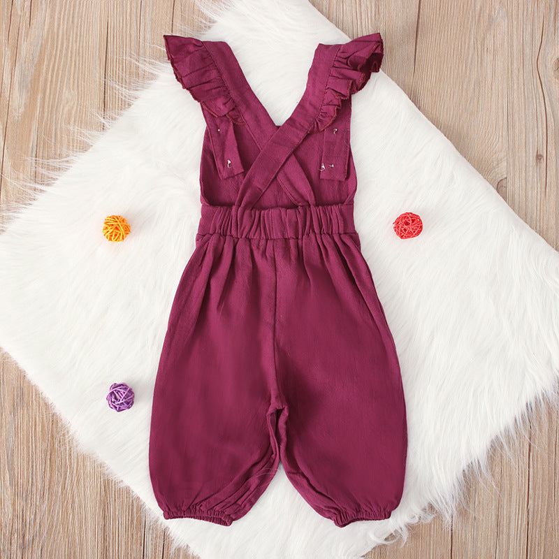 Kid Boy Girl Small Flying Sleeves Solid Pants Jumpsuits