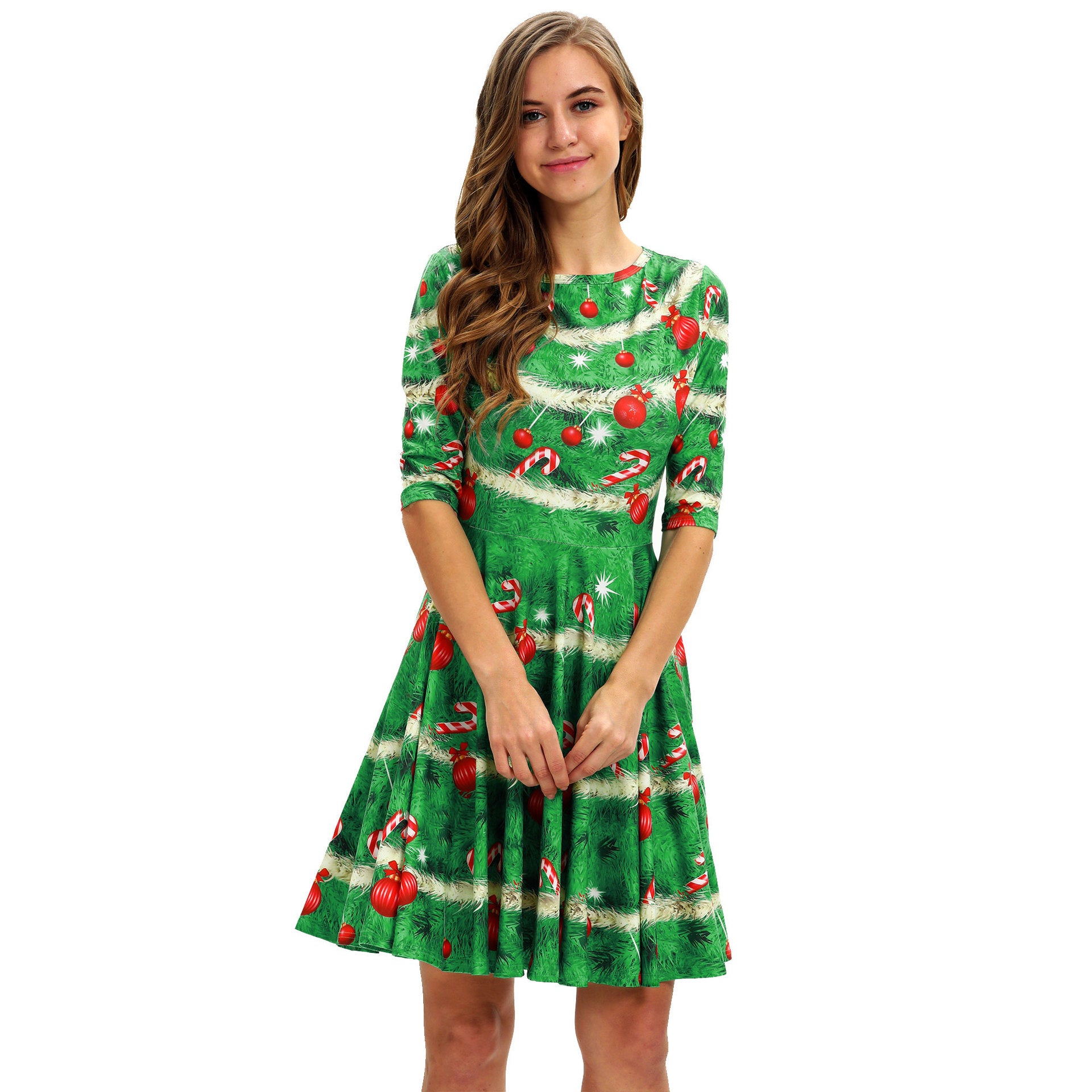 Family Matching Mother Daughter Princess Green Grass Digital Print Middle Sleeve Dresses