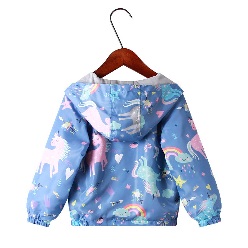 Print Cartoon Girls Unicorn Hooded Zipper Jacket Coat