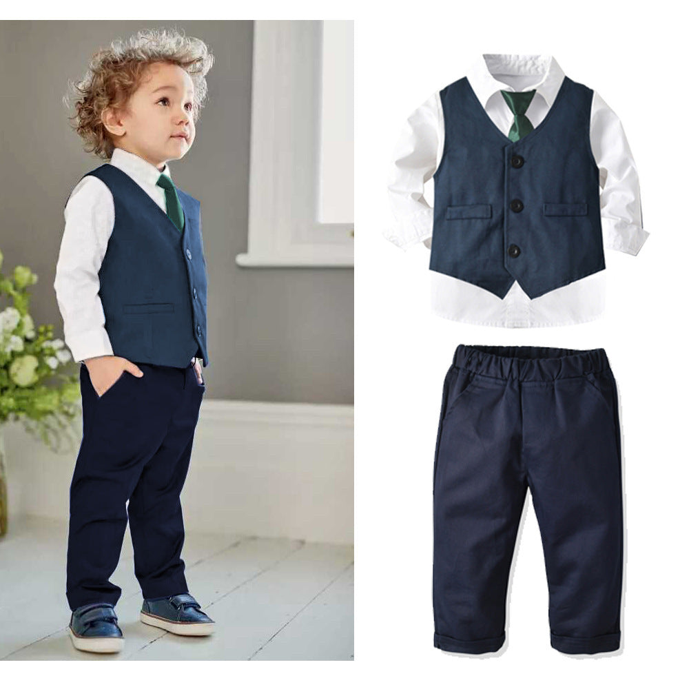 White Woven Baby Boy Formal Gentleman 3 Pcs Set Suits