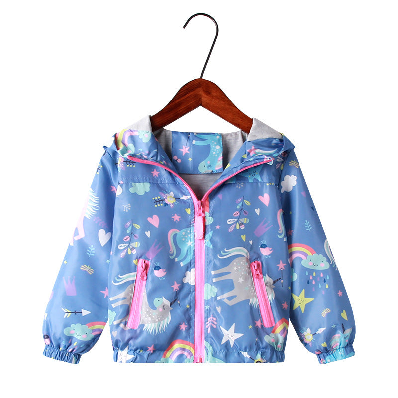 Print Cartoon Girls Unicorn Hooded Zipper Jacket Coat