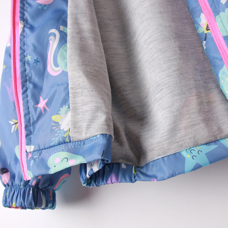 Print Cartoon Girls Unicorn Hooded Zipper Jacket Coat