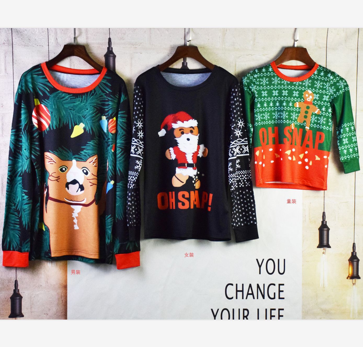 Family Matching Three-person Printed Christmas Shirts Tops