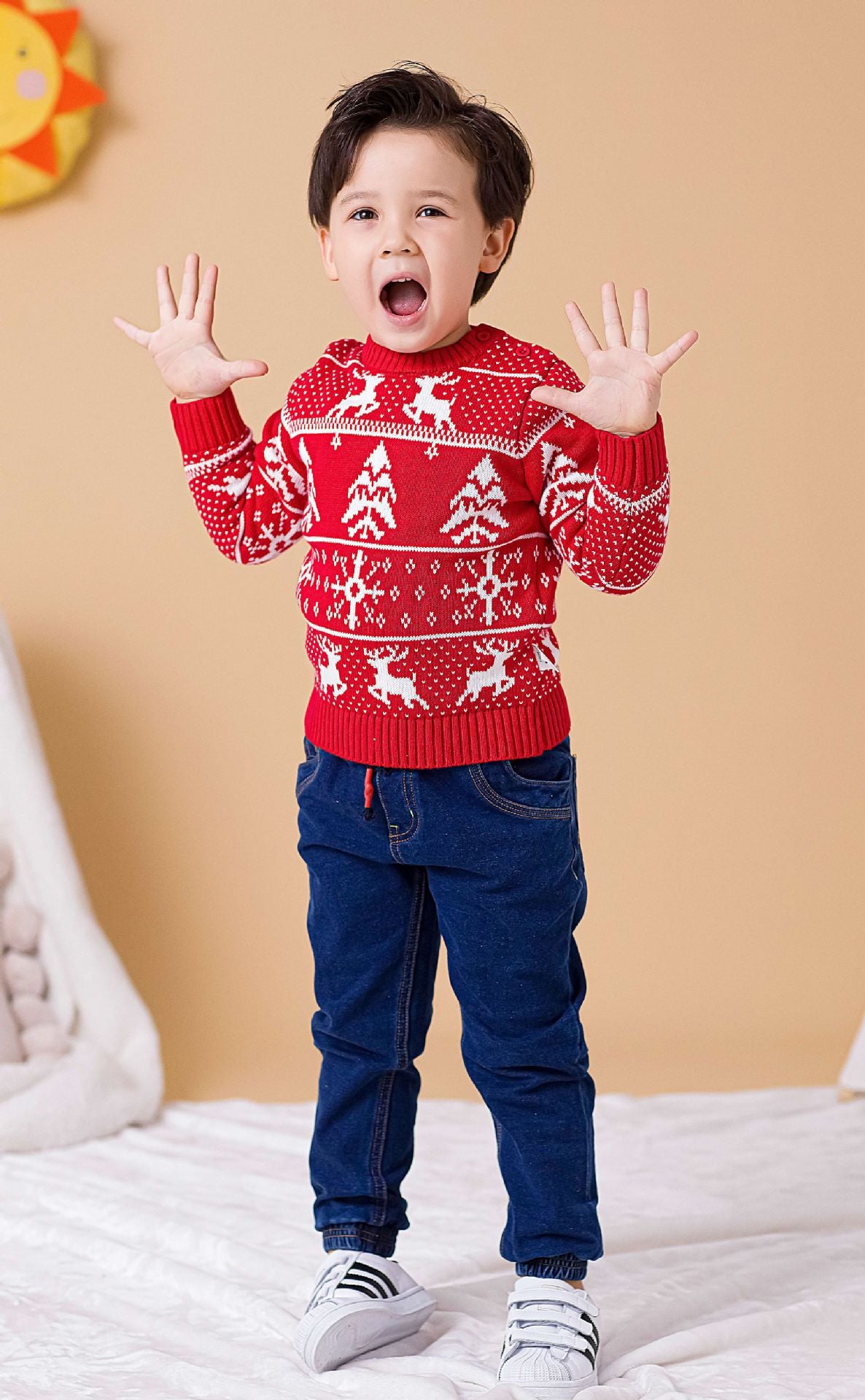 Kid Baby Boy Girl Christmas Deer Snowflake Double Layer Jacquard Sweater