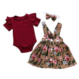Baby Girl O-Neck Short Sleeve Ruffle Floral Suspender 2 Pcs Sets