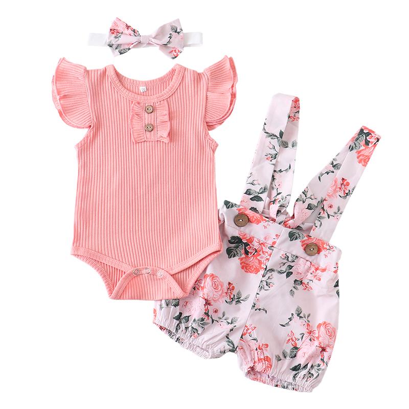 Baby Girl Flying Sleeve Ribbed Floral 3 Pcs Set